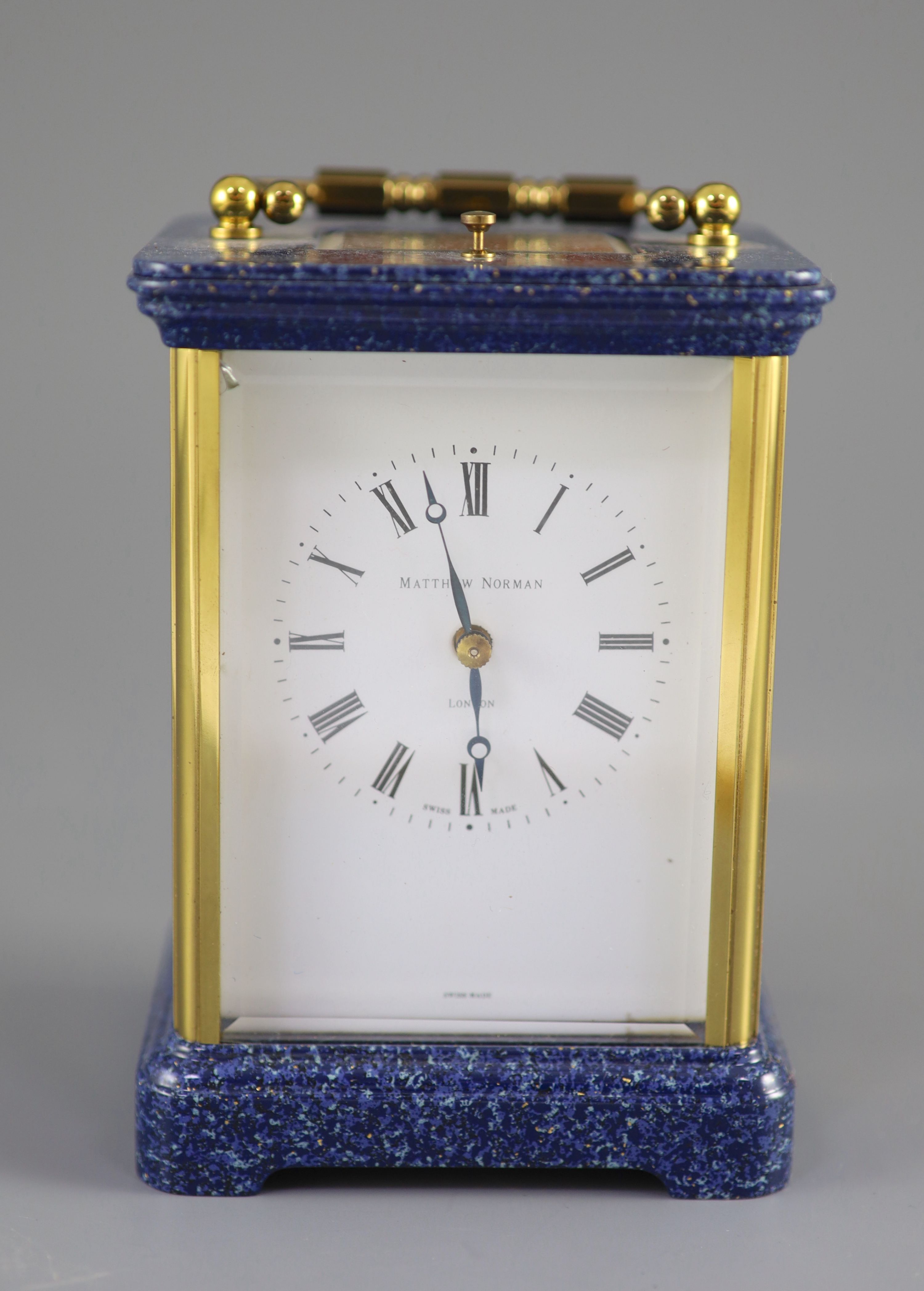 A 20th Century Swiss-made brass carriage clock, Matthew Norman, London, 13.5cm high